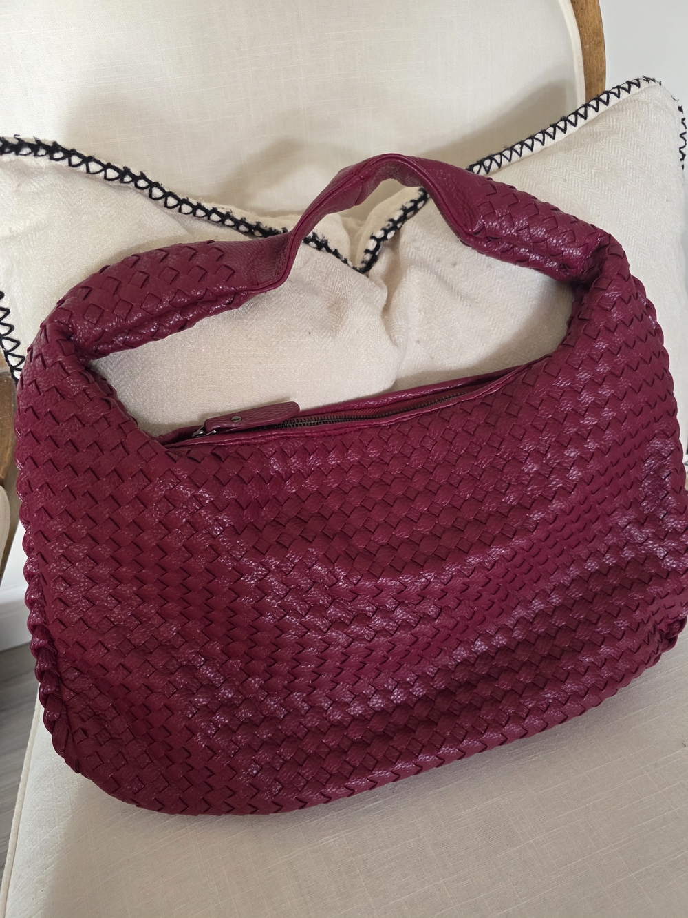 Woven Shoulder Hobo Bag in Deep Berry